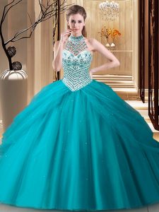 Teal Halter Top Lace Up Beading and Pick Ups Quinceanera Dresses Brush Train Sleeveless