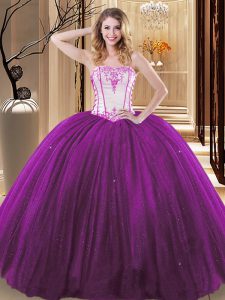 Sweet White And Purple Sleeveless Floor Length Embroidery Lace Up Sweet 16 Dresses
