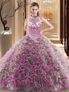 Halter Top Sleeveless Fabric With Rolling Flowers 15 Quinceanera Dress Beading Brush Train Lace Up