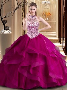Pretty Halter Top With Train Fuchsia Ball Gown Prom Dress Tulle Brush Train Sleeveless Beading and Ruffles