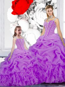 Purple Lace Up Straps Beading and Ruffles and Pick Ups Sweet 16 Quinceanera Dress Organza Sleeveless