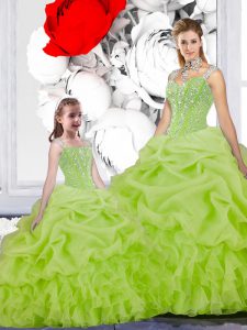 Organza Spaghetti Straps Sleeveless Lace Up Beading and Ruffles and Pick Ups Vestidos de Quinceanera in Yellow Green