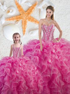 Hot Pink Organza Lace Up Sweetheart Sleeveless Floor Length Quinceanera Gown Beading and Ruffles