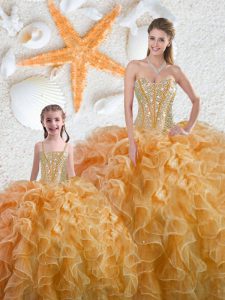 Yellow Ball Gowns Sweetheart Sleeveless Organza Floor Length Lace Up Beading Quinceanera Gowns