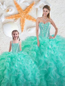 Edgy Turquoise Sleeveless Floor Length Beading and Ruffles Lace Up Sweet 16 Dresses