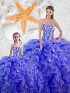 Cute Blue Organza Lace Up Sweet 16 Dress Sleeveless Floor Length Beading and Ruffles