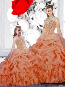 Excellent Orange Ball Gowns Organza Straps Sleeveless Beading and Ruffles and Pick Ups Floor Length Lace Up Quinceanera 