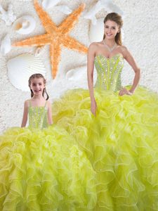 Yellow Green Ball Gowns Organza Sweetheart Sleeveless Beading and Ruffles Floor Length Lace Up Quinceanera Dresses