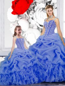 Blue Sweet 16 Dresses Military Ball and Sweet 16 and Quinceanera and For with Beading and Ruffles and Pick Ups Straps Sl