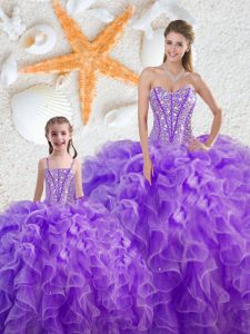 Purple Sweet 16 Dresses Military Ball and Sweet 16 and Quinceanera and For with Beading and Ruffles Sweetheart Sleeveles