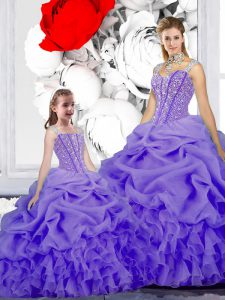Modest Lavender Lace Up Straps Beading and Ruffles and Pick Ups Ball Gown Prom Dress Organza Sleeveless