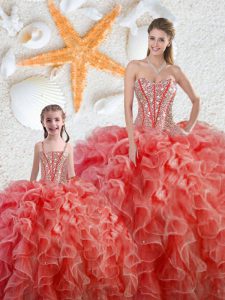 Stunning Coral Red Quinceanera Dresses Military Ball and Sweet 16 and Quinceanera and For with Beading and Ruffles Sweet