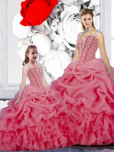 Modern Rose Pink Lace Up Straps Beading and Ruffles and Pick Ups Quinceanera Dress Organza Sleeveless