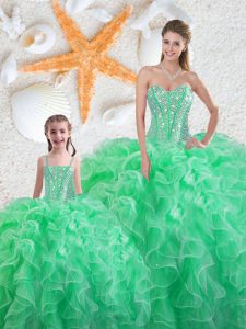 Pretty Sleeveless Organza Floor Length Lace Up Quince Ball Gowns in Apple Green with Beading and Ruffles