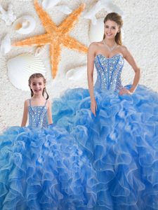 Exquisite Sleeveless Organza Floor Length Lace Up Quinceanera Gown in Baby Blue with Beading and Ruffles