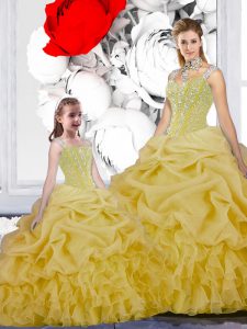 Classical Pick Ups Ball Gowns Sweet 16 Quinceanera Dress Yellow Straps Organza Sleeveless Floor Length Lace Up