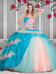 Super Organza Sweetheart Sleeveless Lace Up Beading and Ruching Quinceanera Gown in Multi-color