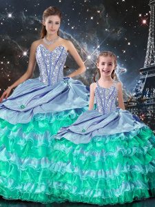 Pretty Organza Sweetheart Long Sleeves Lace Up Beading and Ruffles 15th Birthday Dress in Multi-color