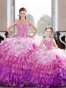 Superior Floor Length Hot Pink Sweet 16 Quinceanera Dress Organza Sleeveless Beading and Ruffles