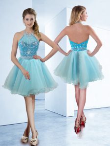 Organza Halter Top Sleeveless Zipper Beading Prom Dresses in Light Blue