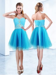 Dazzling Blue Sleeveless Knee Length Beading and Ruching Lace Up Prom Dresses