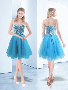 Blue Sleeveless Knee Length Beading Lace Up Prom Dress