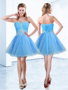Blue A-line Organza Sweetheart Sleeveless Beading and Ruching Mini Length Lace Up Evening Dress