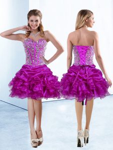 Sleeveless Organza Knee Length Lace Up Prom Gown in Fuchsia with Beading and Ruffles and Pick Ups