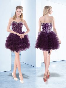 Vintage Sleeveless Organza Floor Length Lace Up Prom Evening Gown in Dark Purple with Beading and Ruffles