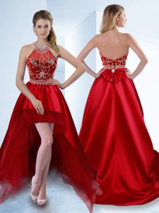 Artistic Red A-line Satin Halter Top Sleeveless Beading High Low Zipper Prom Party Dress