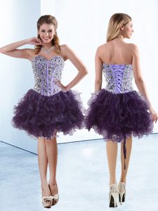 Colorful Purple Organza Lace Up Prom Evening Gown Sleeveless Knee Length Beading and Ruffles