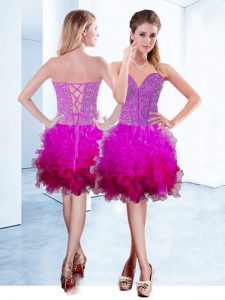 Fuchsia Sleeveless Knee Length Ruffles Lace Up Prom Evening Gown