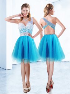 One Shoulder Knee Length Criss Cross Prom Party Dress Baby Blue for Prom and Party with Beading