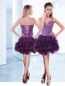 Adorable Mini Length Purple Prom Gown Organza Sleeveless Beading