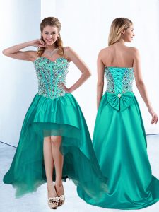 High Low Teal Prom Evening Gown Satin Sleeveless Beading and Bowknot