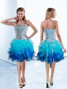 Comfortable Multi-color Organza Lace Up Prom Dress Sleeveless Knee Length Beading and Ruffles