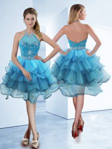 Ruffled A-line Prom Party Dress Baby Blue Halter Top Organza Sleeveless Tea Length Zipper