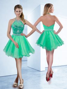 Custom Designed Halter Top Turquoise Sleeveless Organza Zipper Homecoming Dress for Prom and Party