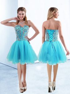Traditional Sweetheart Sleeveless Lace Up Evening Dress Aqua Blue Tulle