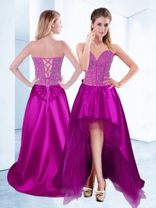 Satin Sweetheart Sleeveless Lace Up Beading Prom Party Dress in Fuchsia