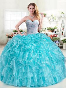 Luxurious Aqua Blue Lace Up Sweetheart Beading and Ruffles Quinceanera Gown Organza Sleeveless