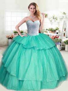 Luxurious Tulle Sweetheart Sleeveless Lace Up Beading and Ruffled Layers 15th Birthday Dress in Apple Green