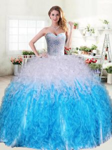 Blue And White Organza Lace Up Quince Ball Gowns Sleeveless Floor Length Beading and Ruffles