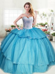 Pretty Tulle Sweetheart Sleeveless Lace Up Beading and Ruffled Layers Ball Gown Prom Dress in Aqua Blue