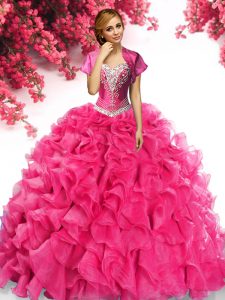 With Train Ball Gowns Sleeveless Hot Pink 15th Birthday Dress Sweep Train Lace Up