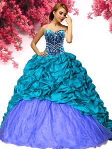 Glamorous Pick Ups Ball Gowns Sleeveless Teal 15th Birthday Dress Brush Train Lace Up