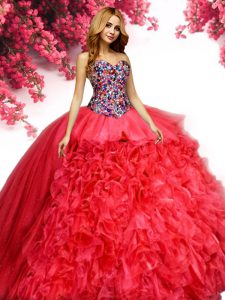 Custom Design Red Ball Gowns Sweetheart Sleeveless Organza Floor Length Lace Up Beading and Ruffles Ball Gown Prom Dress