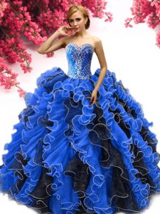 Sleeveless Organza Lace Up Sweet 16 Dresses in Blue And Black with Beading and Ruffles