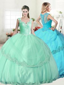 Ideal Floor Length Apple Green Quinceanera Dress Straps Sleeveless Lace Up