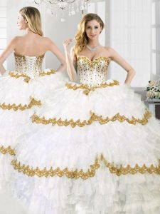 White Organza Lace Up Quinceanera Dress Sleeveless Floor Length Ruffled Layers